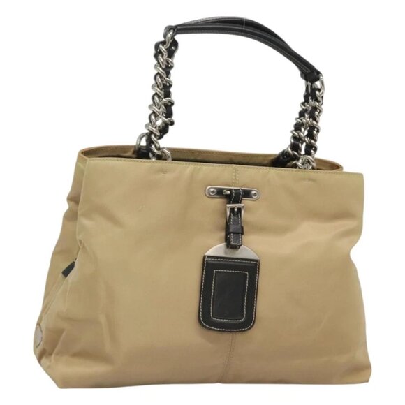 PRADA Chain Tote Bag Nylon Leather Beige Silver - Picture 1 of 15